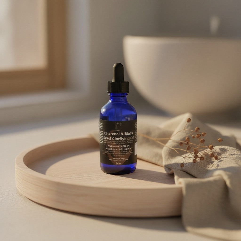 Oh Canada Gifts Charcoal & Black Seed Clarifying Oil in a blue glass dropper bottle on a wooden tray.