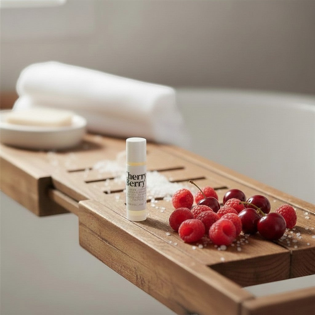 Oh Canada Gifts Cherry Berry nourishing lip balm on a wooden bath tray with fresh raspberries and cherries.