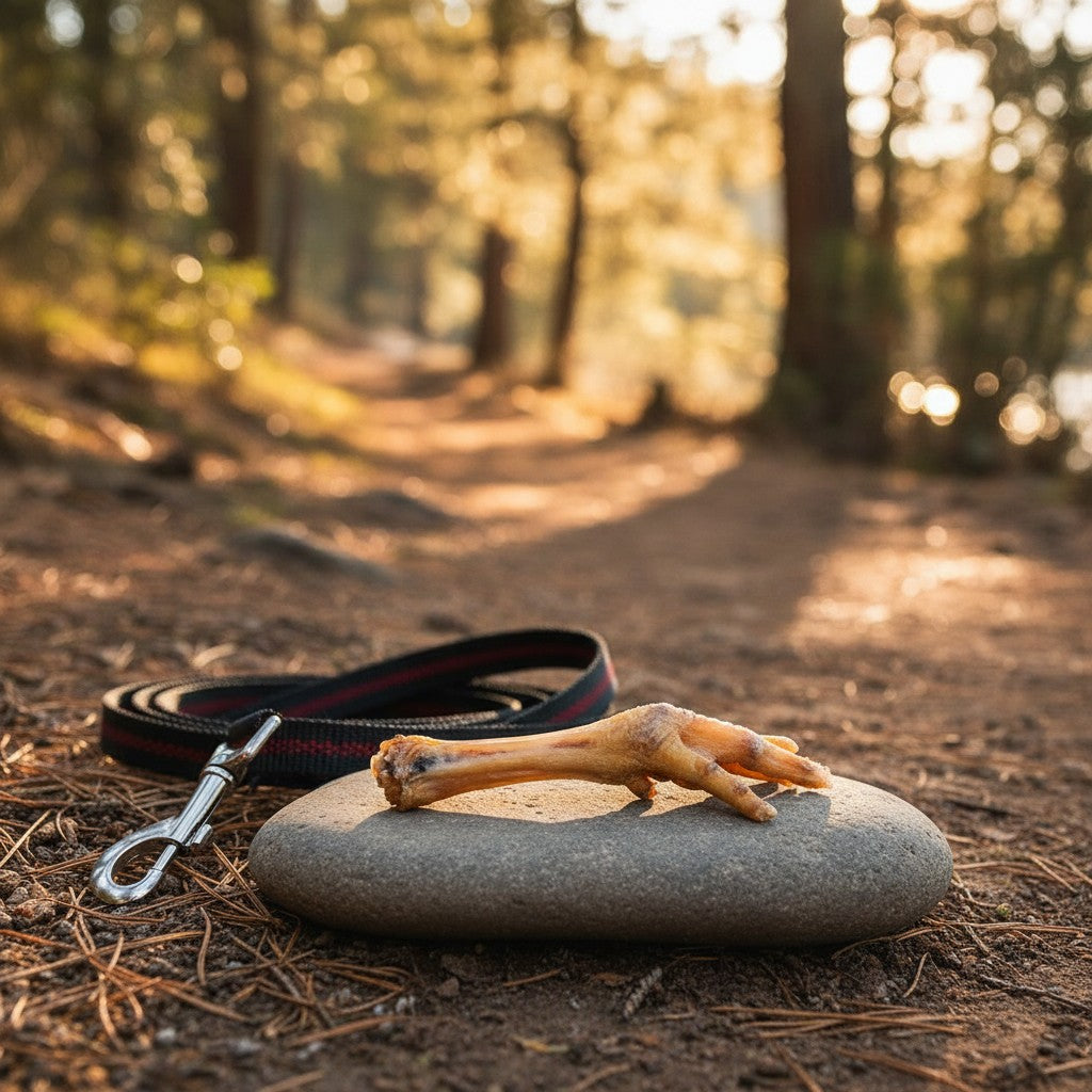 Oh Canada Gifts natural dried chicken foot dog chew resting on a stone with a leash in a forest setting