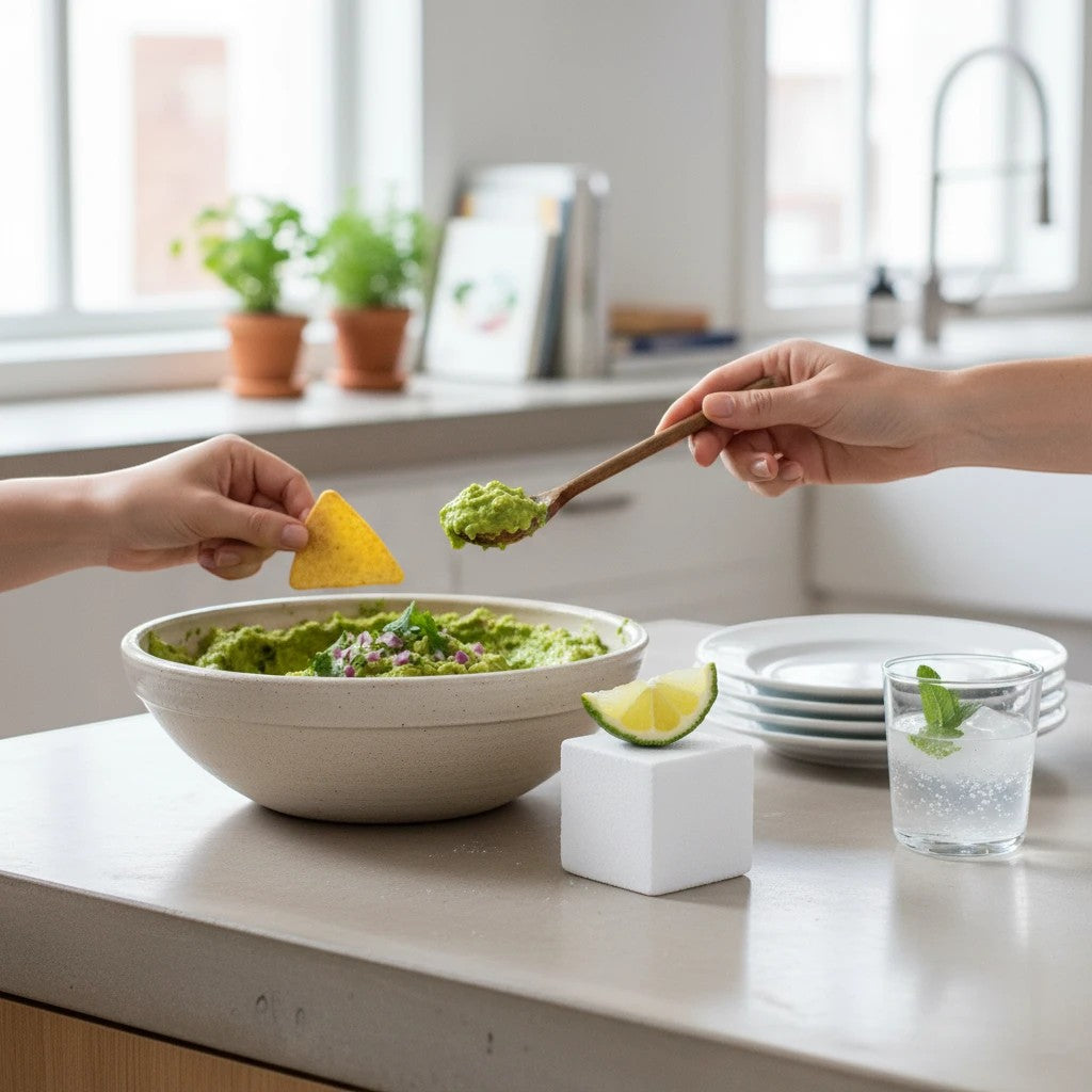Oh Canada Gifts Citrus Tea Bath Cube resting on a kitchen counter next to a bowl of guacamole and a glass of water.
