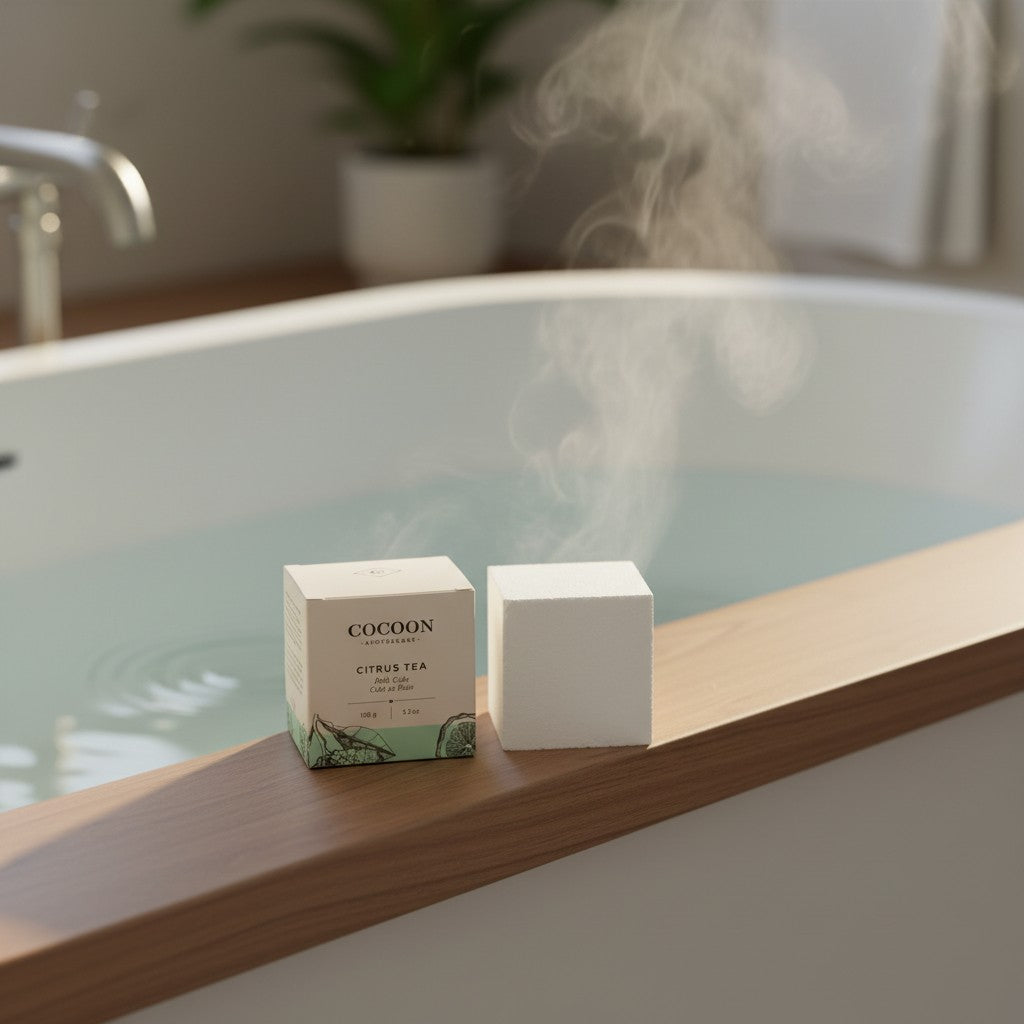 Oh Canada Gifts Citrus Tea bath cube beside its packaging on a wooden bathtub ledge with steam rising from warm water.
