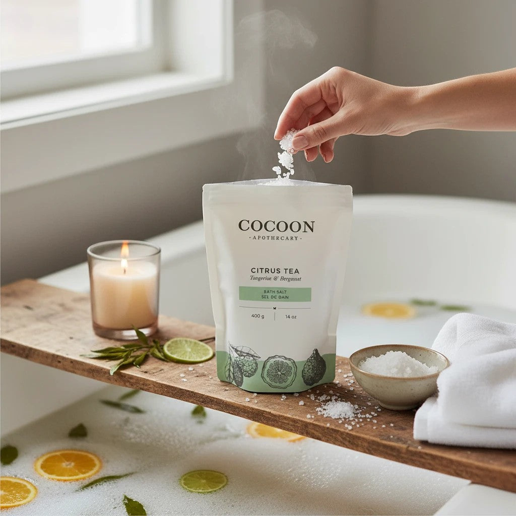 Oh Canada Gifts Citrus Tea bath salts in a white pouch being sprinkled into a warm, citrus-infused bathtub.