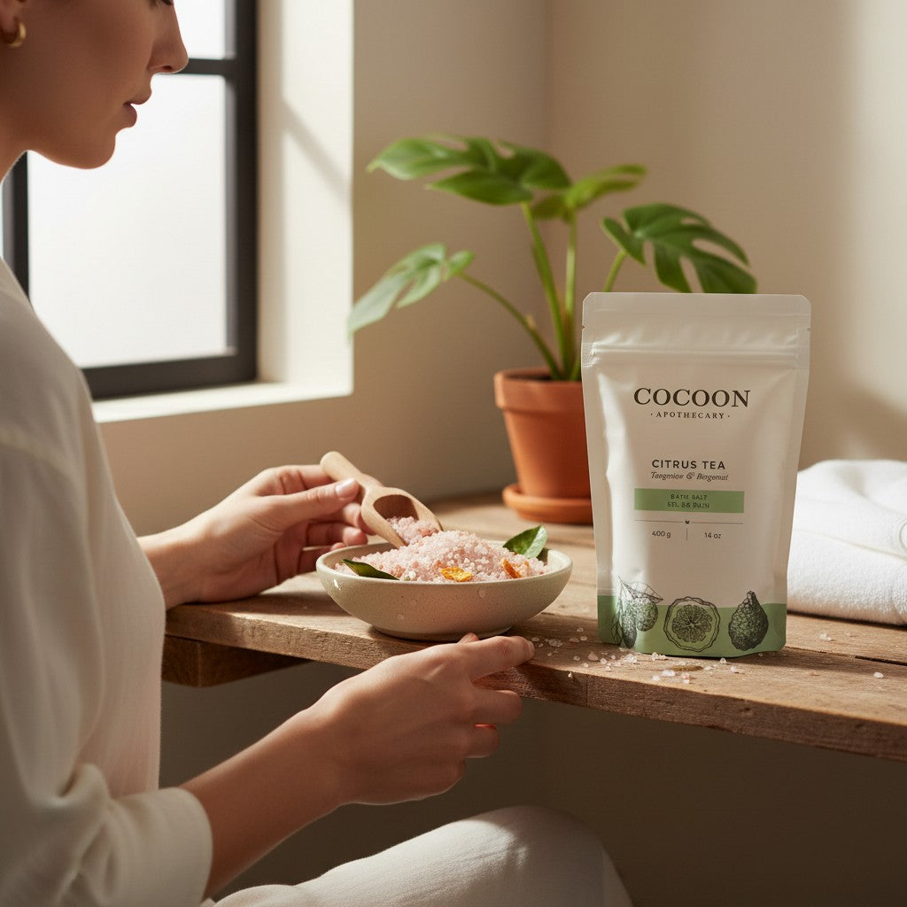 Oh Canada Gifts Citrus Tea bath salts in a white pouch next to a bowl of pink mineral salts on a wooden table.