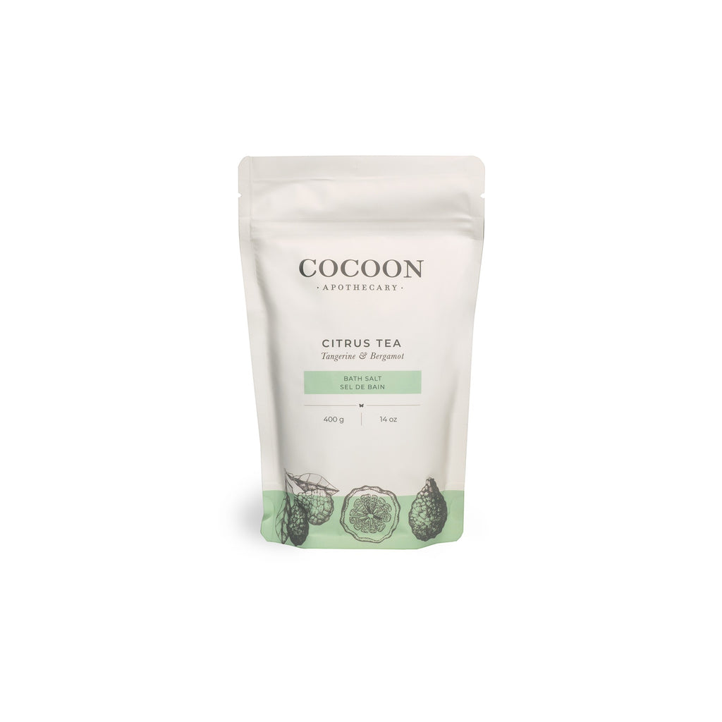 Oh Canada Gifts Citrus Tea bath salts in a white 400g pouch with botanical citrus illustrations and green accents.