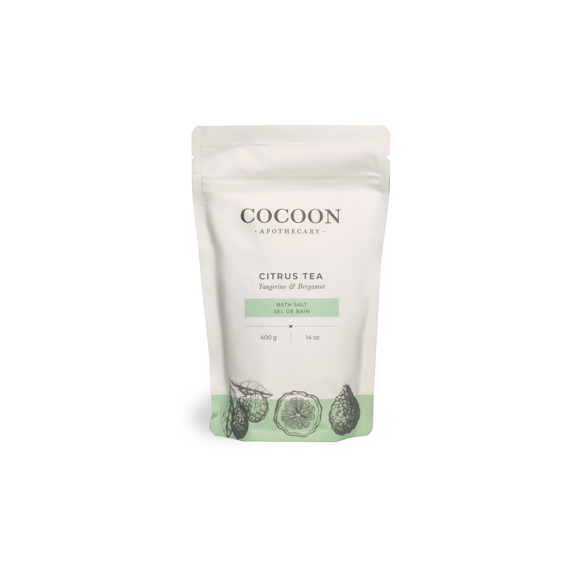 Oh Canada Gifts Citrus Tea bath salts in a white 400g pouch with botanical citrus illustrations and green accents.