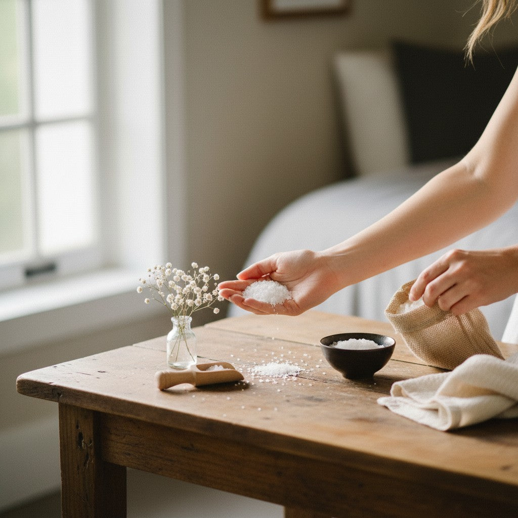 Oh Canada Gifts Citrus Tea bath salts in a rustic setting with a hand holding salts over a small bowl and wooden scoop