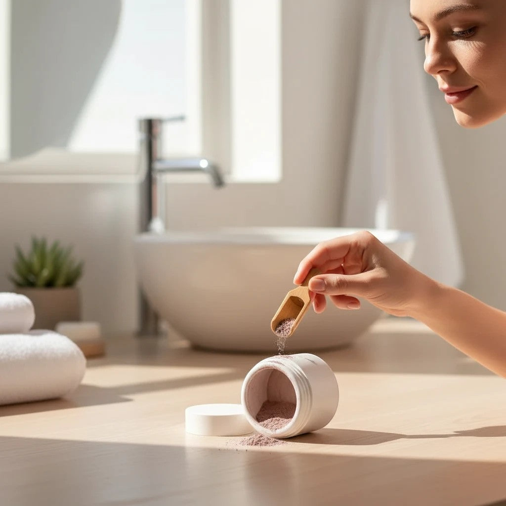 Oh Canada Gifts dry clay and herb face mask powder being scooped with a wooden spoon in a bright bathroom setting.