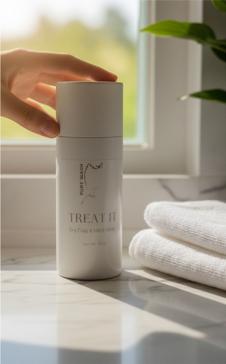 Oh Canada Gifts Treat It dry clay and herb face mask powder in a white bottle held by a hand near a window.