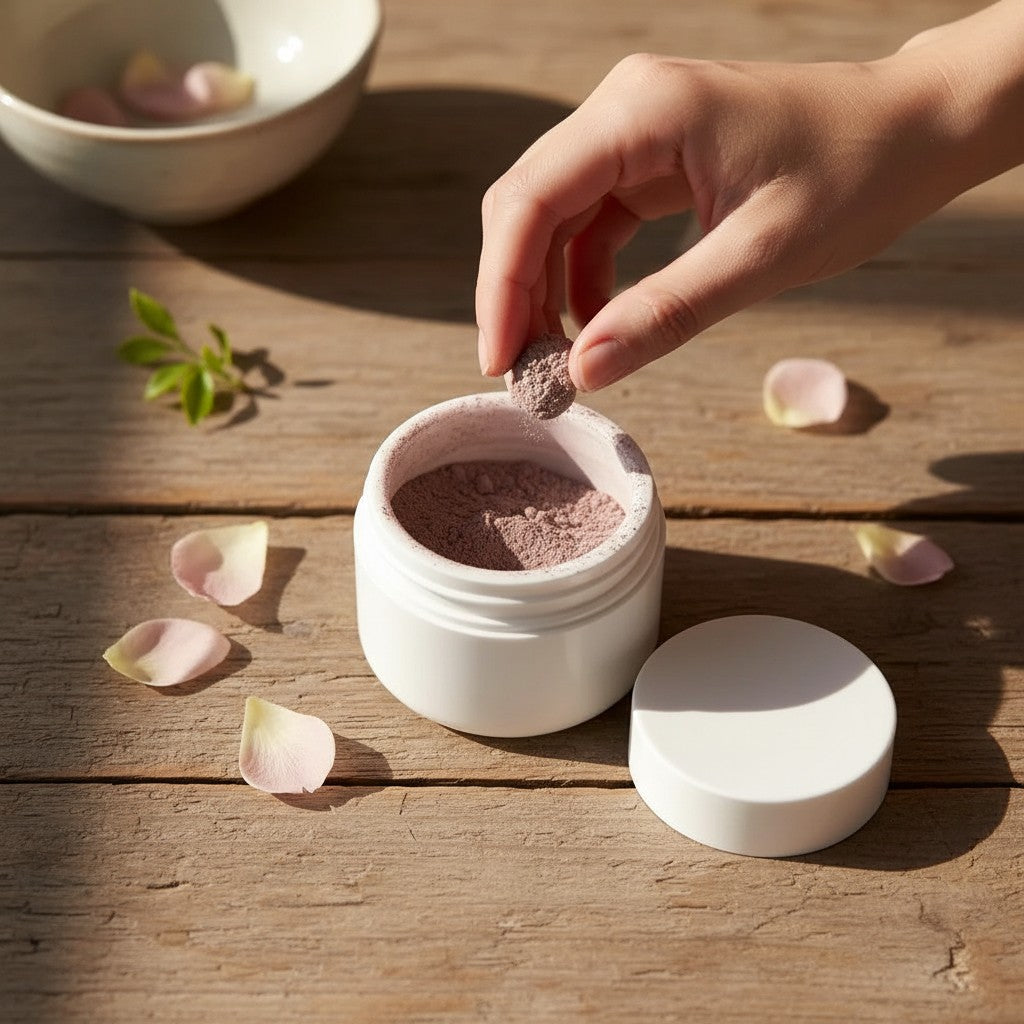 Oh Canada Gifts dry clay and herb face mask powder in a white jar with rose petals on a rustic wooden table