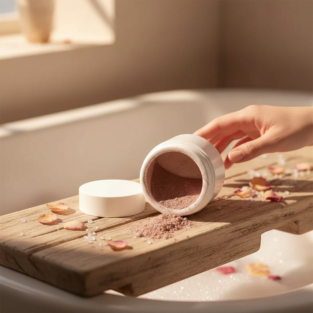 Oh Canada Gifts dry clay and herb face mask powder in a white jar on a wooden bath tray with rose petals
