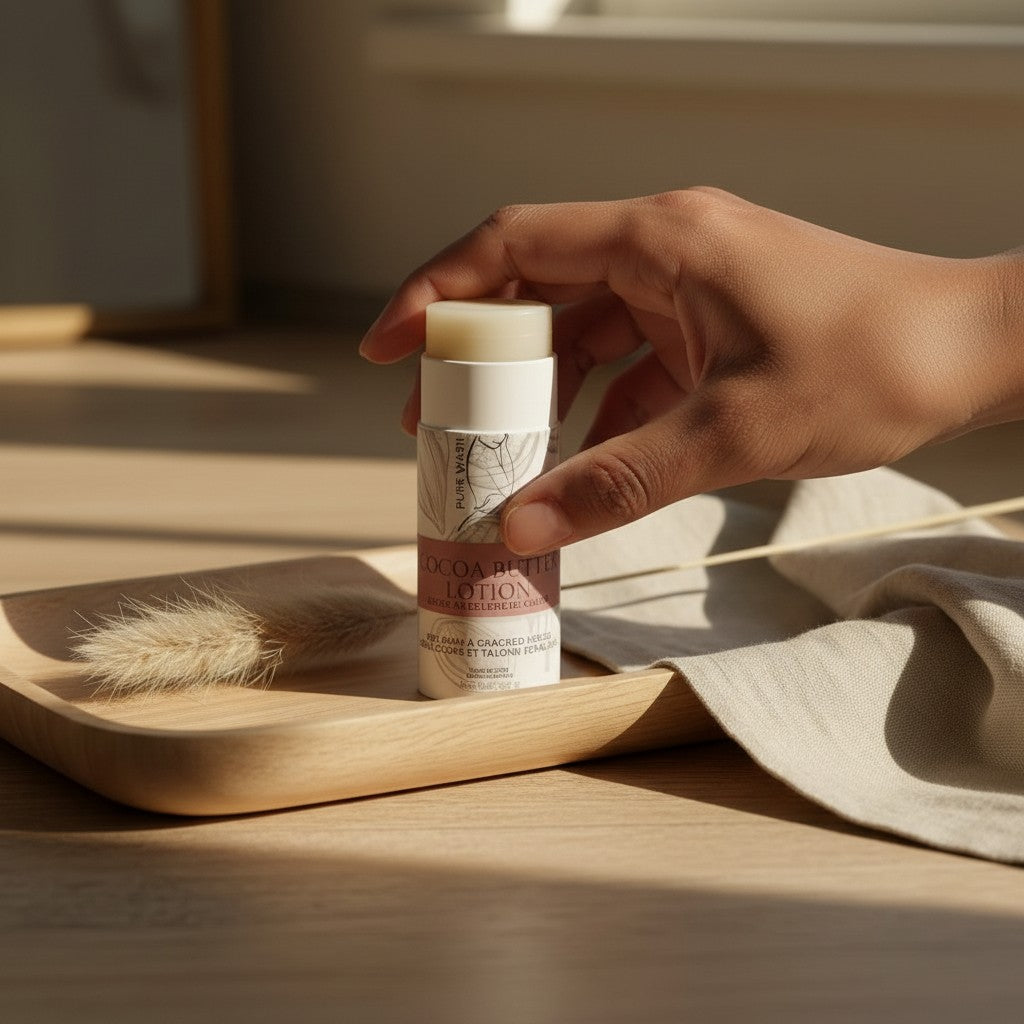 Oh Canada Gifts Pure Wash cocoa butter lotion stick held by a hand on a wooden tray with dried grass.