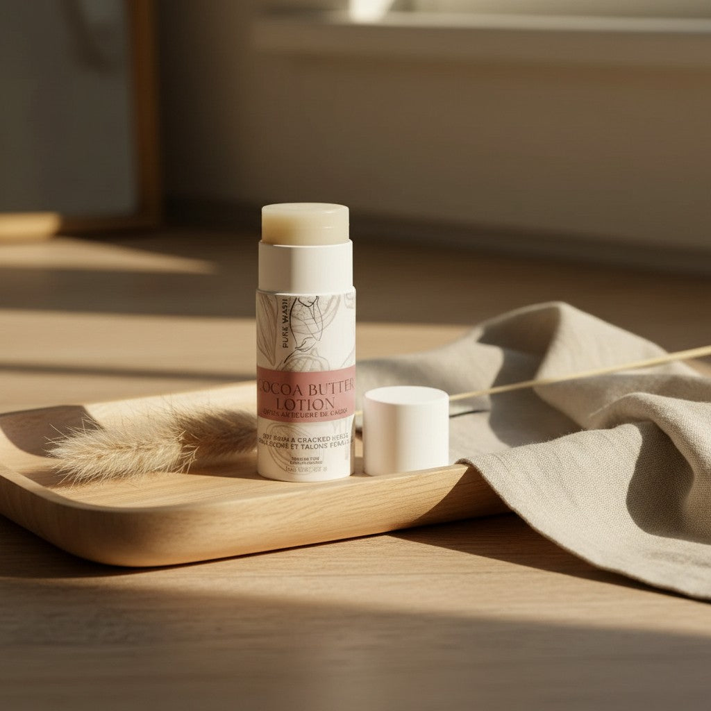 Oh Canada Gifts Pure Wash cocoa butter lotion stick on a wooden tray with a linen cloth and dried grass