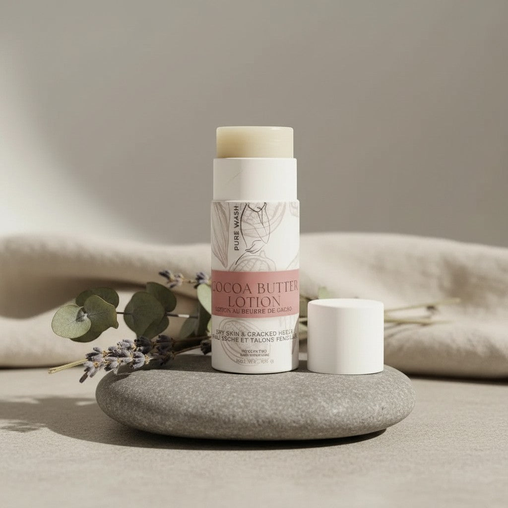 Oh Canada Gifts Pure Wash cocoa butter lotion stick in a white twist-up tube resting on a smooth grey stone.