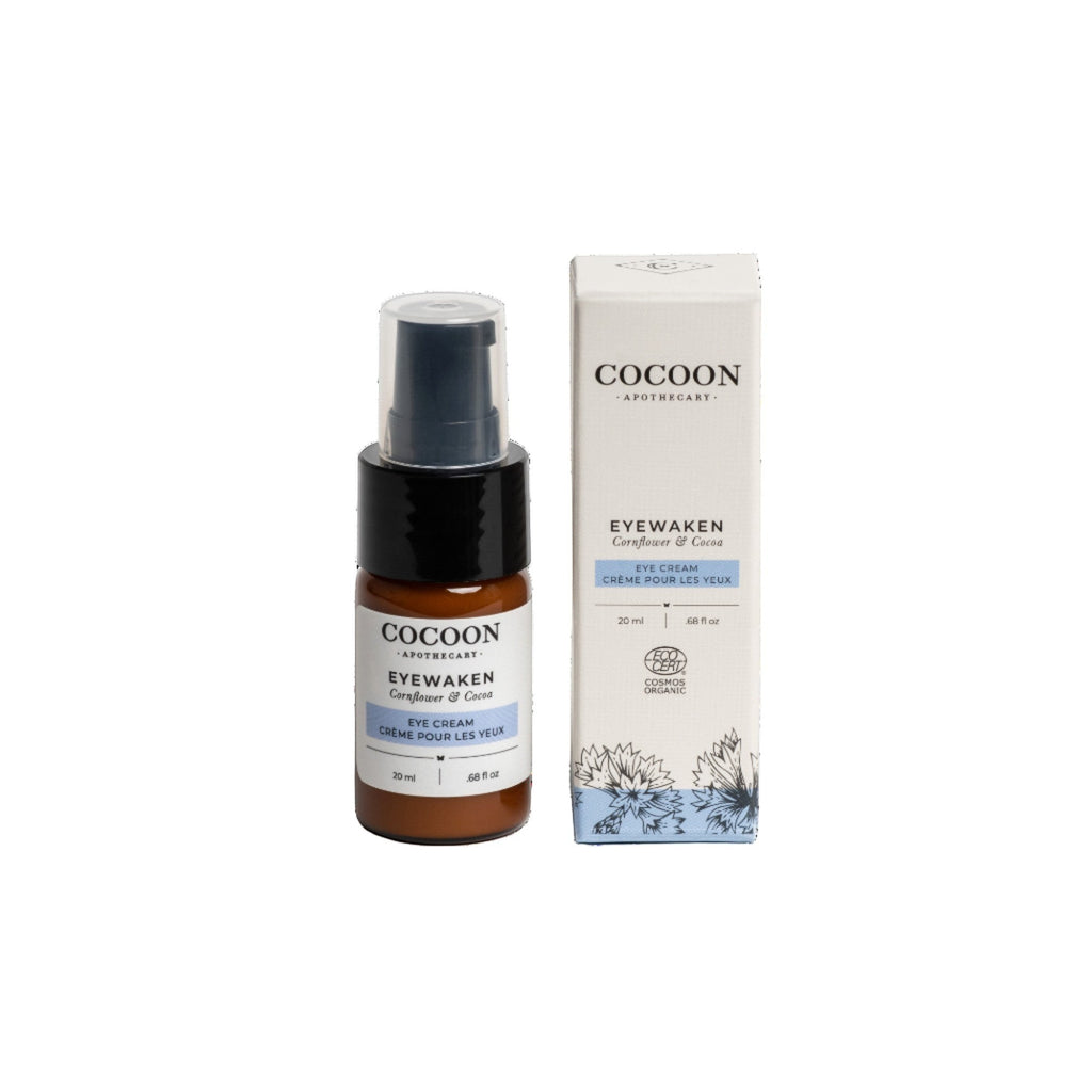 Oh Canada Gifts Cocoon Apothecary Eyewaken eye cream bottle and box with cornflower and cocoa botanical design
