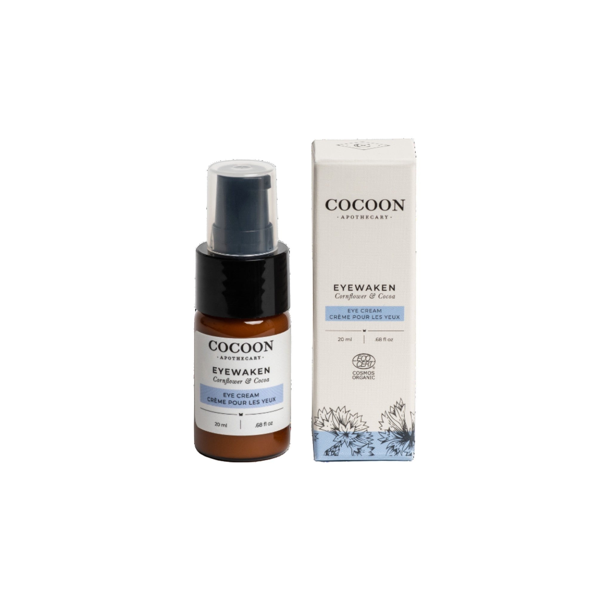 Oh Canada Gifts Cocoon Apothecary Eyewaken eye cream bottle and box with cornflower and cocoa botanical design