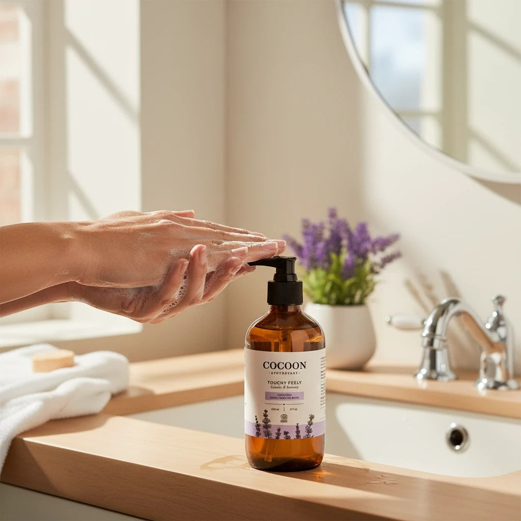 Oh Canada Gifts Cocoon Apothecary Touchy Feely lavender and rosemary liquid hand soap in an amber glass bottle