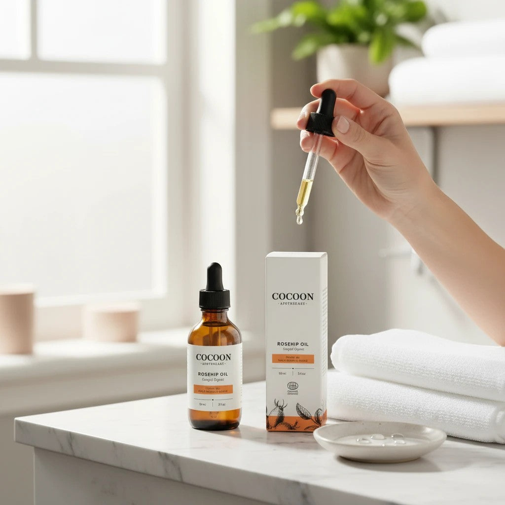Oh Canada Gifts Cocoon Apothecary rosehip facial oil bottle and box with a hand holding a dropper in a bright bathroom