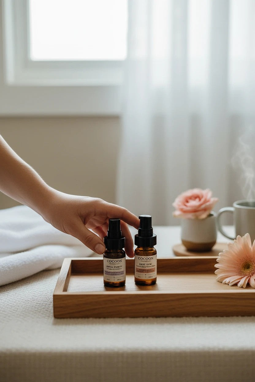 Oh Canada Gifts Cocoon Apothecary travel-size skincare bottles on a wooden tray with a hand reaching for them.