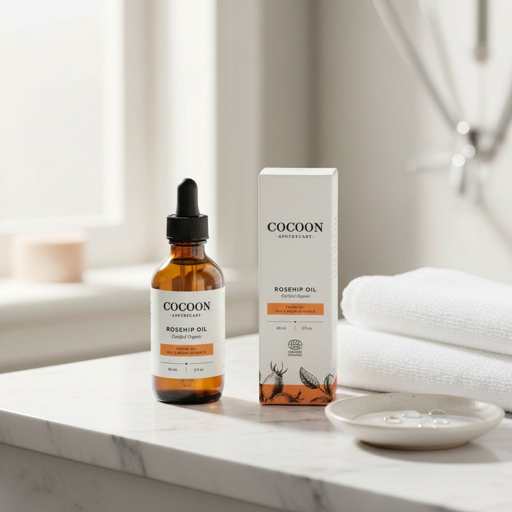 Oh Canada Gifts Cocoon Apothecart organic rosehip facial oil bottle and box on a marble bathroom counter.