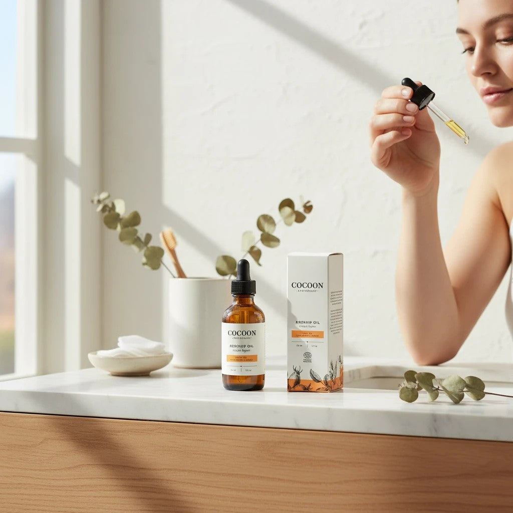 Oh Canada Gifts Cocoon Apothecary Rosehip Facial Oil bottle and box on a bathroom counter with a woman using a dropper.