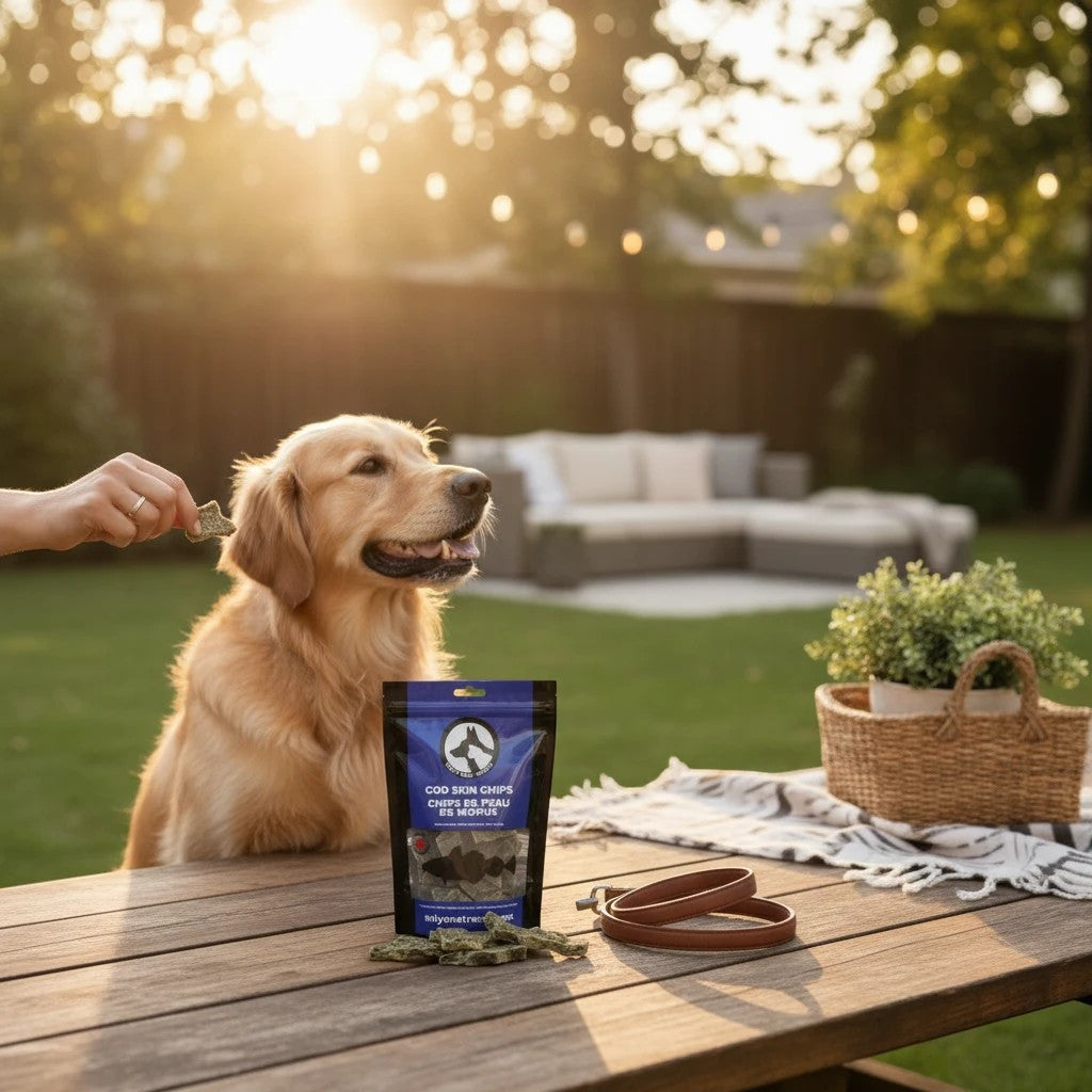 Oh Canada Gifts cod skin chips bag on a wooden table with a golden retriever waiting for a treat in a sunny garden