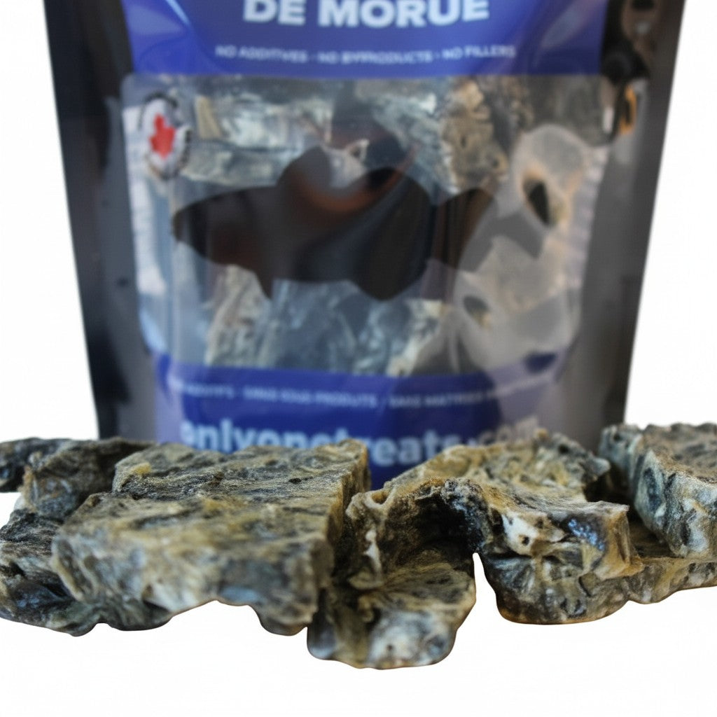 Oh Canada Gifts crispy dried cod skin chips for dogs in a 100g bag, a single-ingredient Omega-3 rich treat.