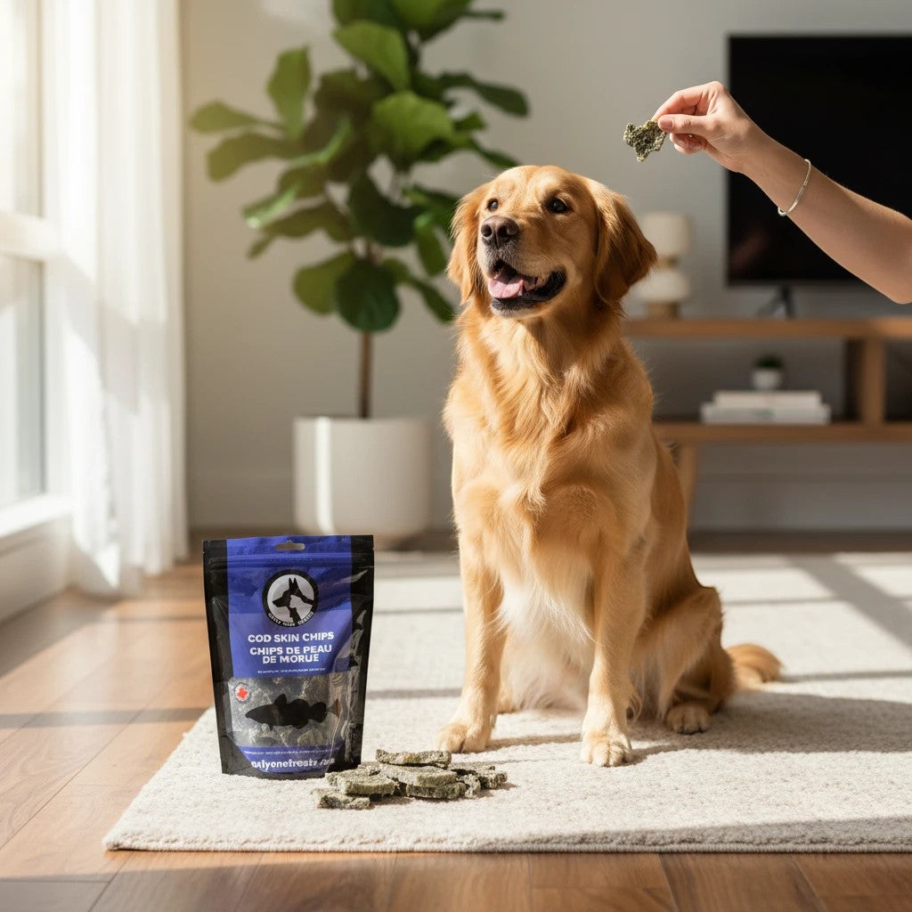 Oh Canada Gifts cod skin chips being offered to a golden retriever sitting on a rug in a sunlit living room