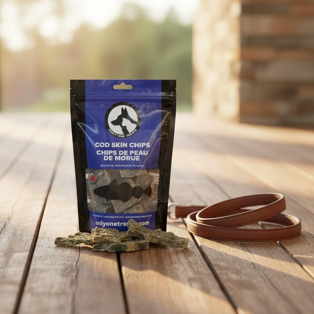 Oh Canada Gifts bag of crispy dried cod skin chips for dogs on a wooden deck with a leather leash