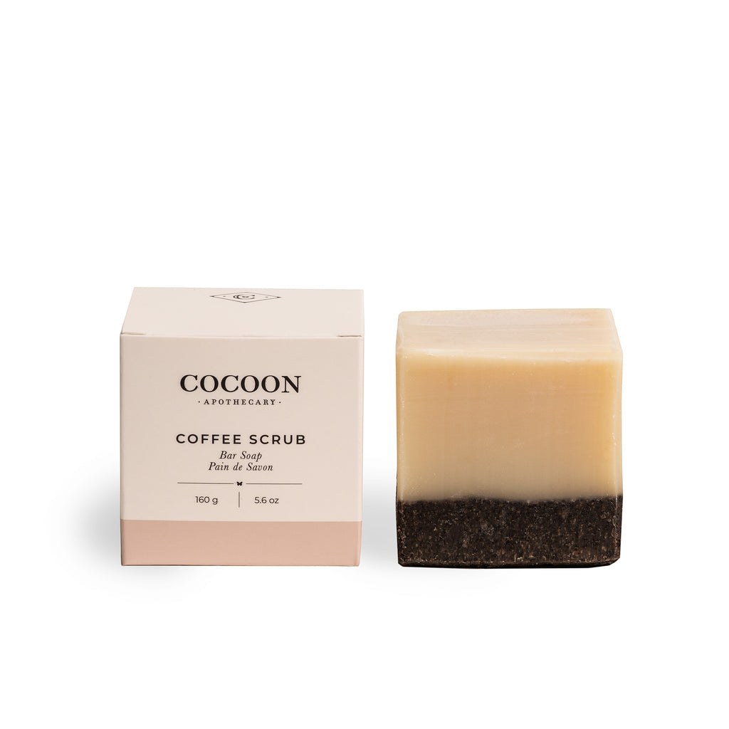 Oh Canada Gifts Cocoon Apothecary coffee scrub bar soap with a two-tone beige and dark brown exfoliating texture.