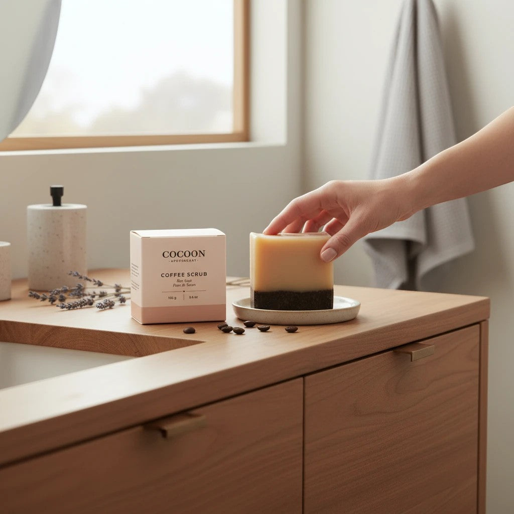 Oh Canada Gifts coffee scrub bar soap with a two-tone design on a ceramic dish next to its minimalist packaging.