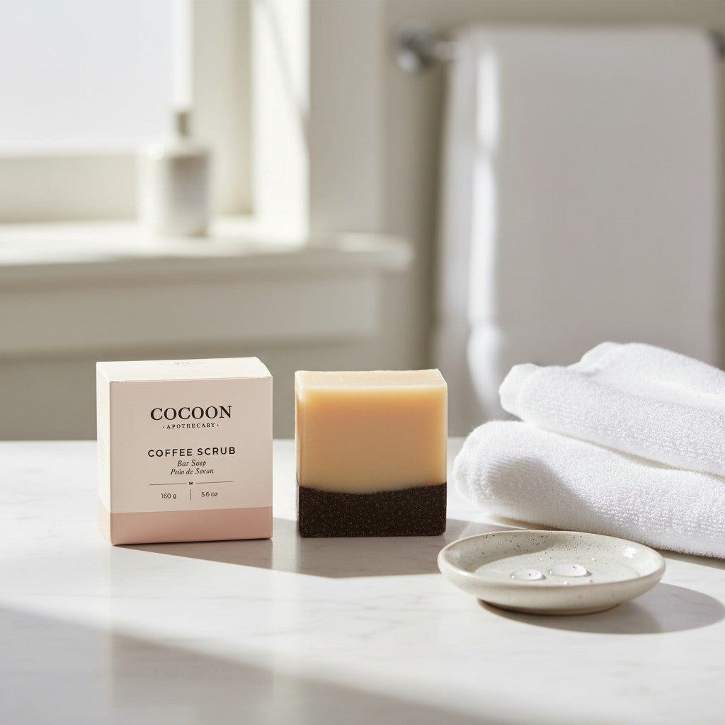 Oh Canada Gifts Cocoon Apothecary coffee scrub bar soap with exfoliating grounds and packaging on a bathroom counter.
