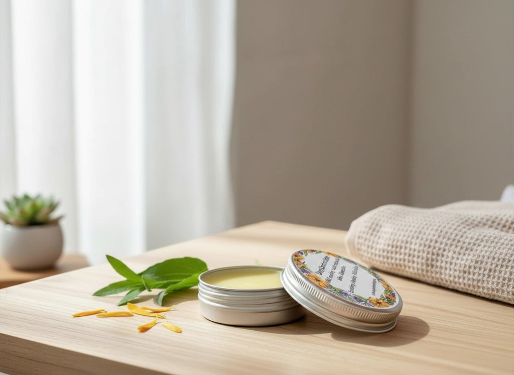 Oh Canada Gifts Deep Comfort comfrey and calendula herbal healing balm in a metal tin on a wooden table.