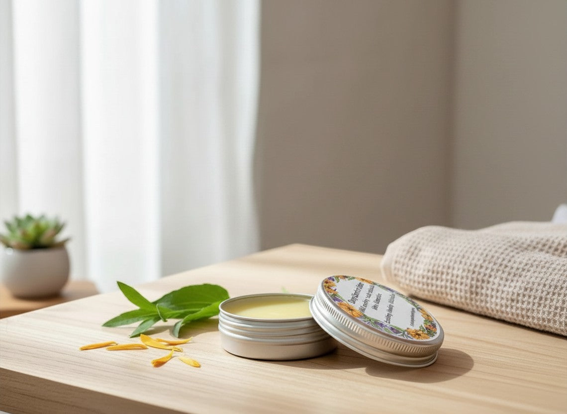 Oh Canada Gifts Deep Comfort comfrey and calendula herbal healing balm in a metal tin on a wooden table.