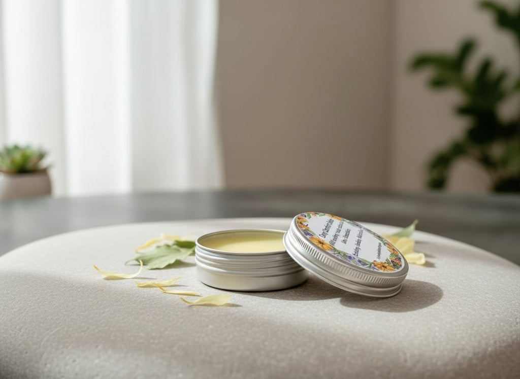 Oh Canada Gifts Deep Comfort Comfrey and Calendula herbal skin repair balm in a small round metal tin on a soft surface