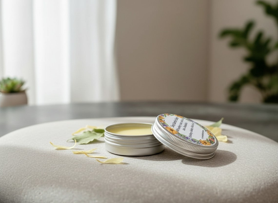 Oh Canada Gifts Deep Comfort Comfrey and Calendula herbal skin repair balm in a small round metal tin on a soft surface