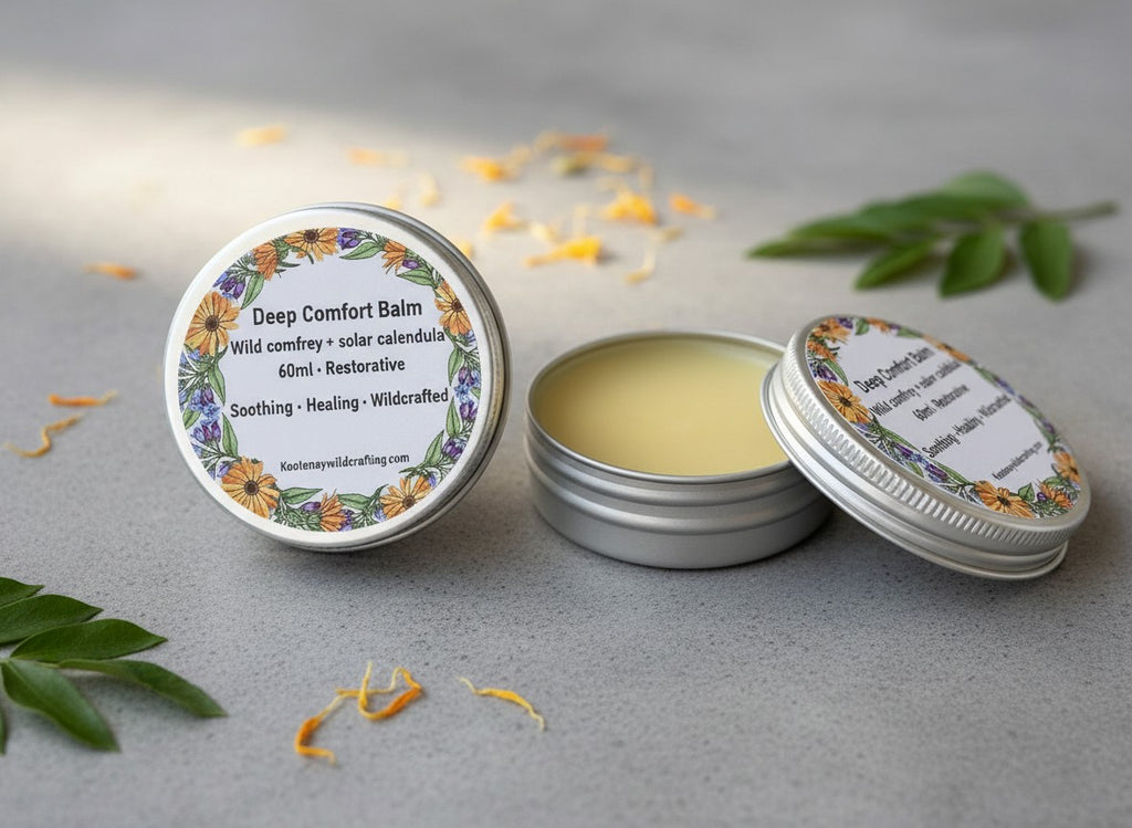Oh Canada Gifts Deep Comfort comfrey and calendula herbal skin repair balm in a small silver metal tin