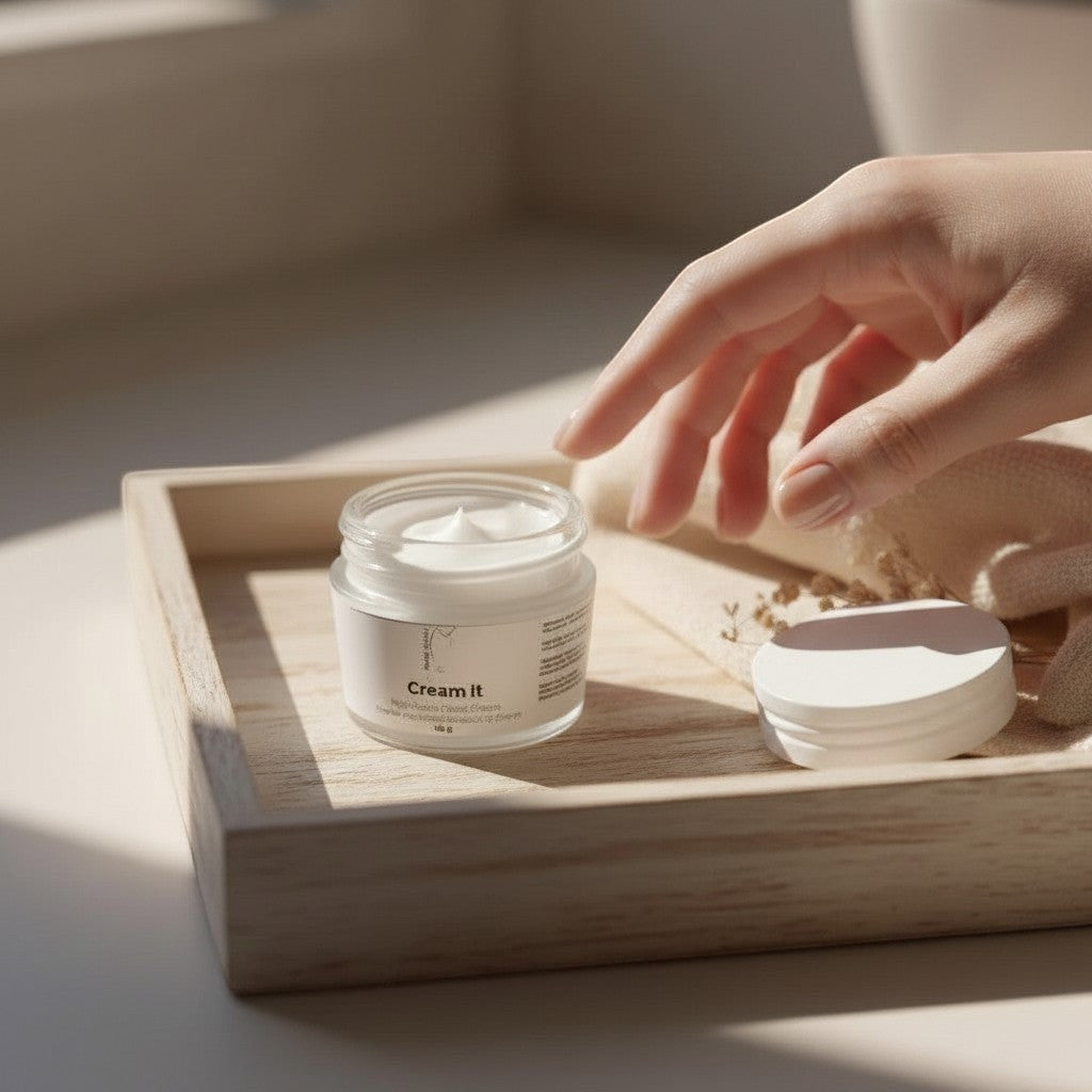 Oh Canada Gifts Cream It nourishing whipped facial moisturizer in a glass jar on a wooden tray with a hand nearby.