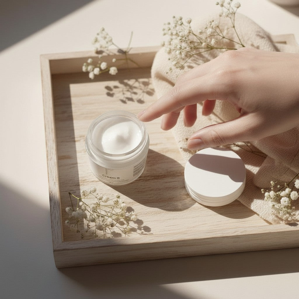 Oh Canada Gifts Cream It nourishing facial moisturizer in a glass jar on a wooden tray with baby's breath flowers.