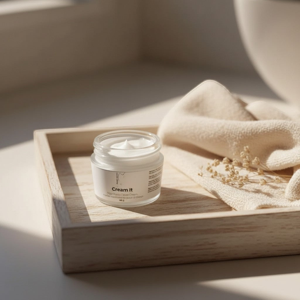 Oh Canada Gifts Cream It nourishing whipped facial moisturizer in a glass jar on a wooden tray with a soft cloth.