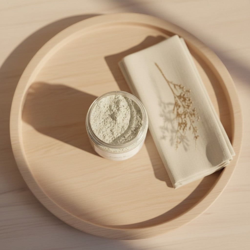 Oh Canada Gifts Polish It Creamy Exfoliant in an open jar on a wooden tray with a linen cloth and dried flower.