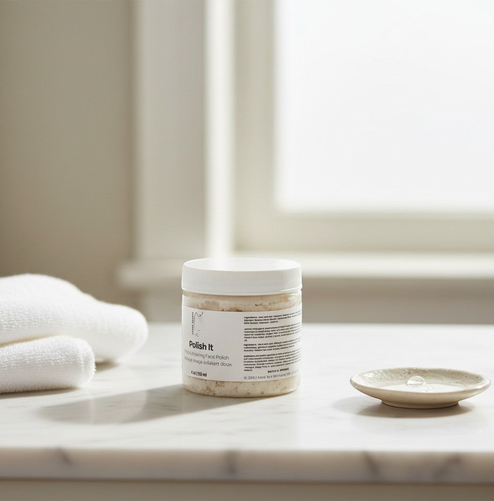 Oh Canada Gifts Polish It Creamy Exfoliant in a white jar on a marble counter with a white towel and small dish.