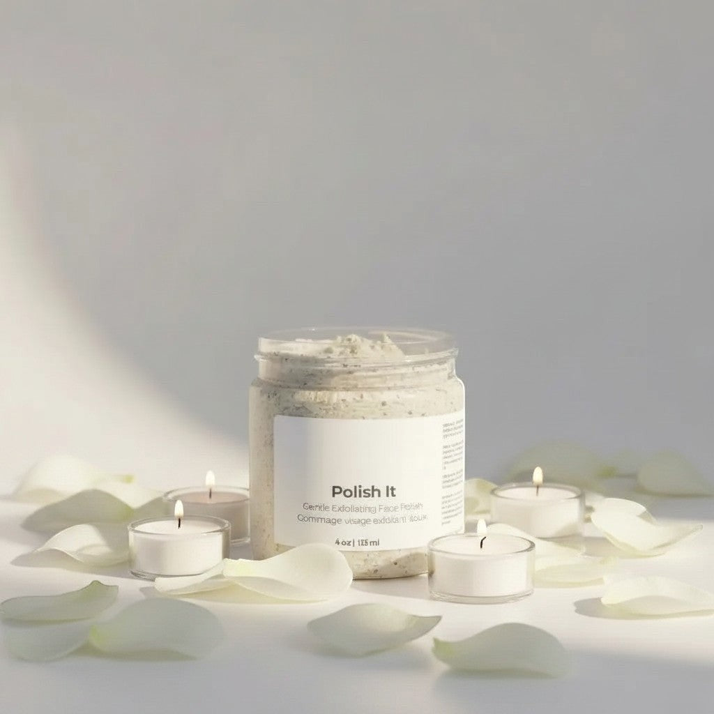 Oh Canada Gifts Polish It creamy exfoliant in a jar surrounded by white flower petals and small lit tea light candles.