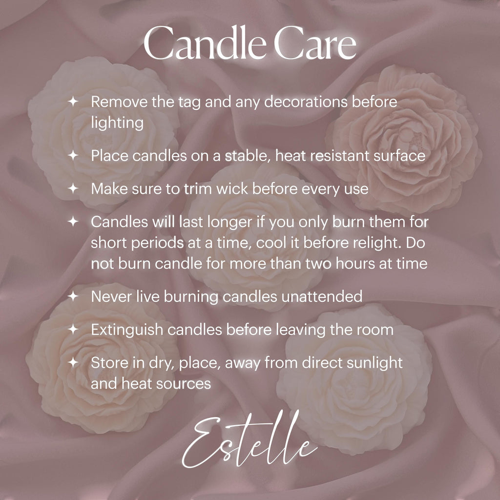 Oh Canada Gifts sculptural croissant soy candle care instructions on a soft pink background with floral accents.