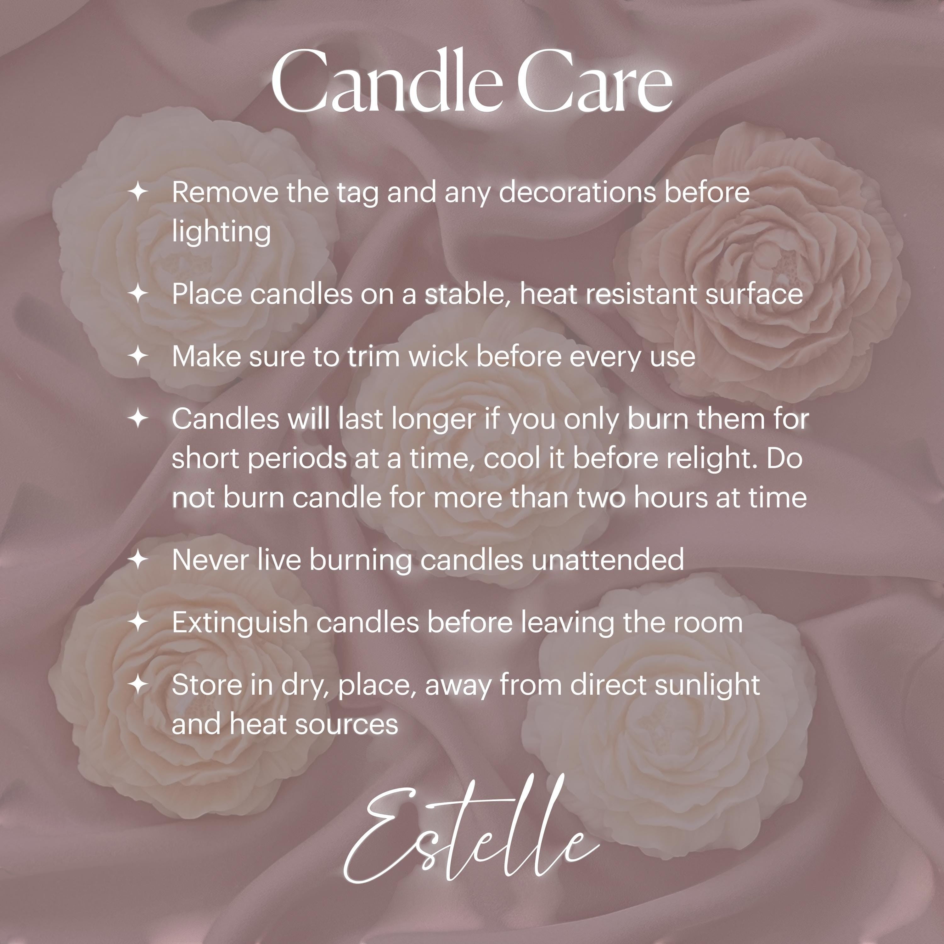 Oh Canada Gifts sculptural croissant soy candle care instructions on a soft pink background with floral accents.