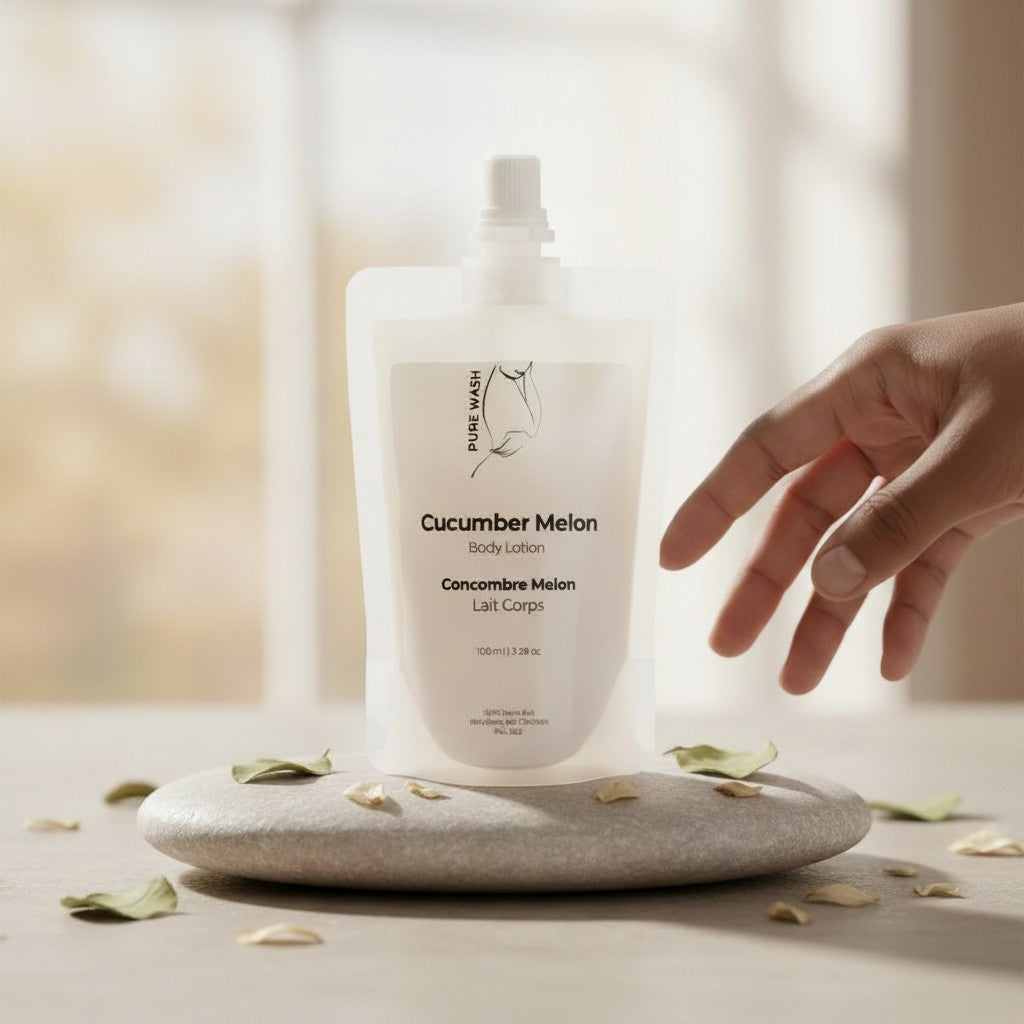 Oh Canada Gifts cucumber melon body lotion in a 100ml eco-friendly refill pouch resting on a stone with dried leaves.