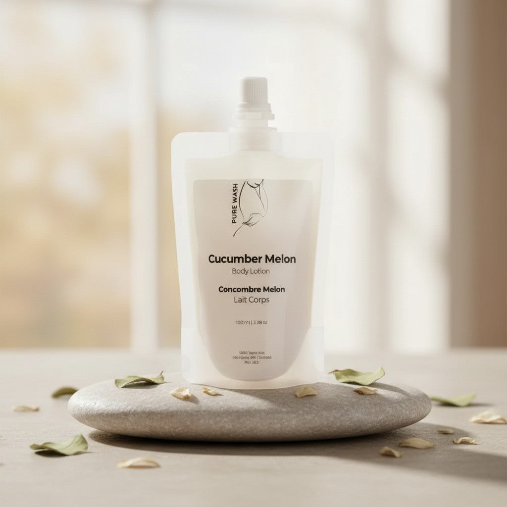 Oh Canada Gifts Cucumber Melon body lotion in a 100ml eco-friendly refill pouch resting on a smooth stone.
