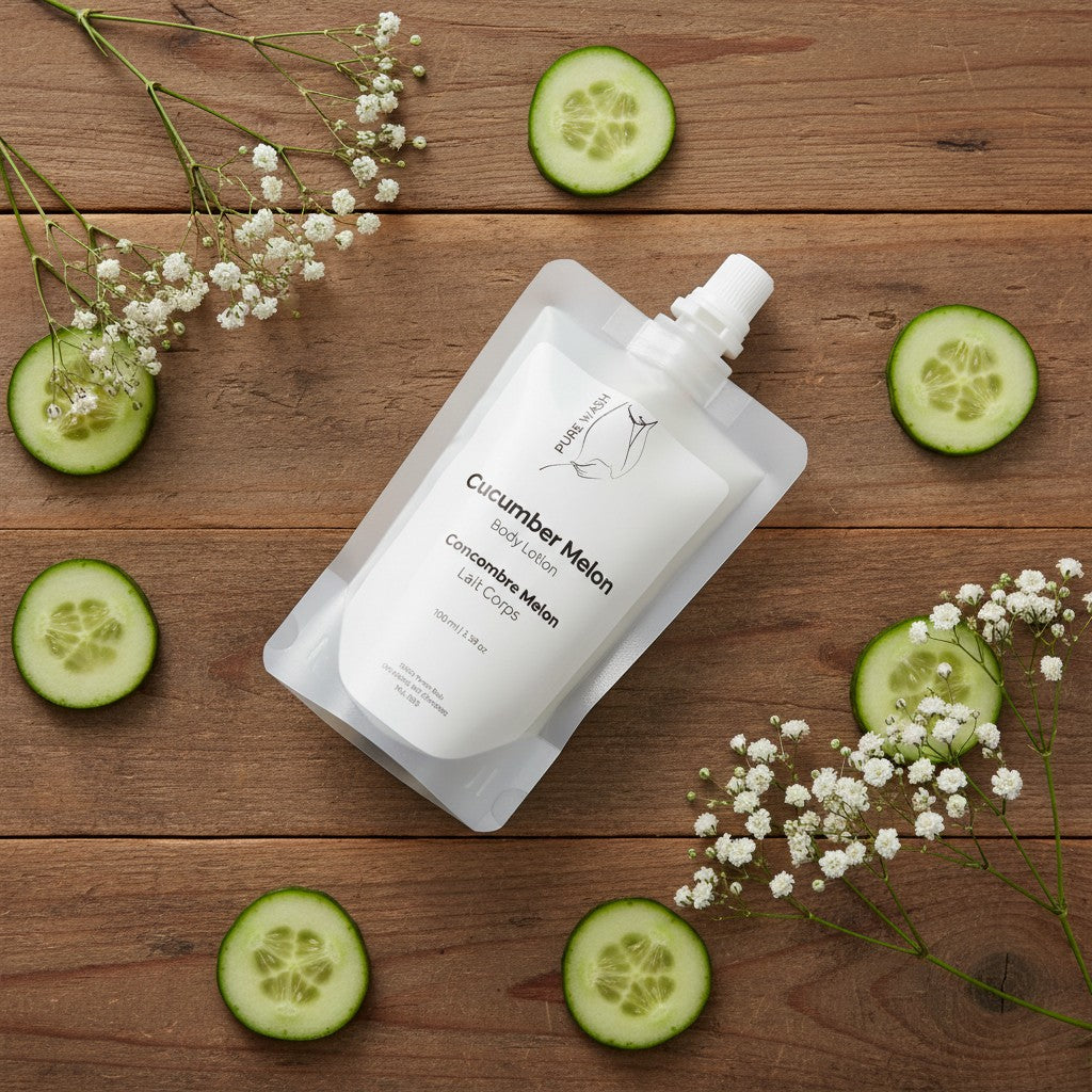 Oh Canada Gifts Cucumber Melon body lotion refill pouch surrounded by fresh cucumber slices and baby's breath flowers.