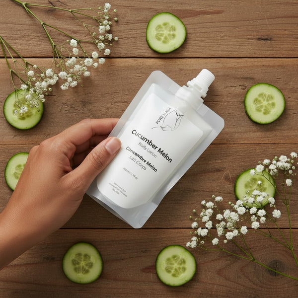 Oh Canada Gifts cucumber melon body lotion in a 100ml refill pouch held by a hand on a rustic wooden background.
