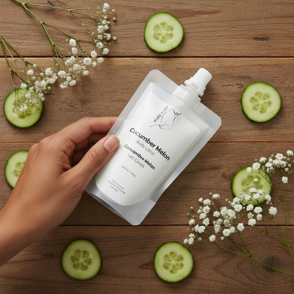 Oh Canada Gifts cucumber melon body lotion in a 100ml refill pouch held by a hand on a rustic wooden background.