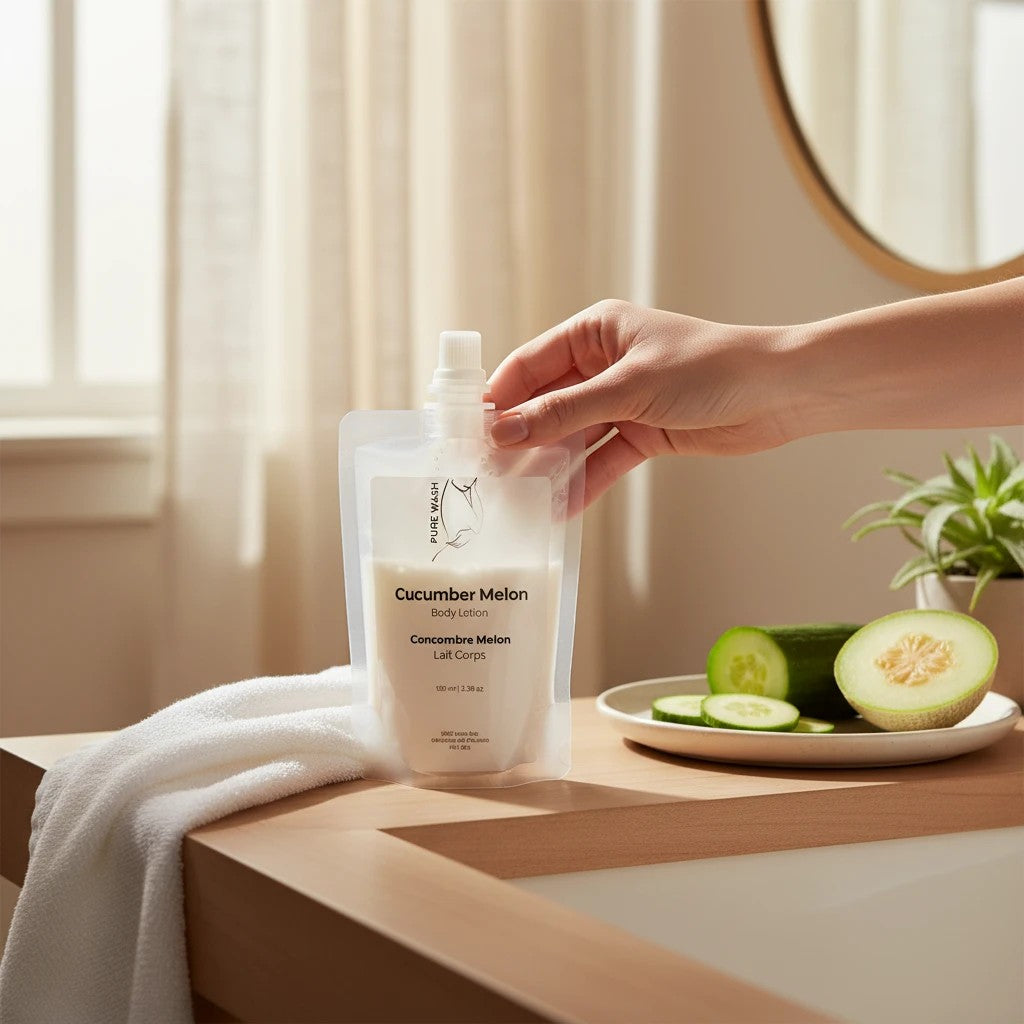 Oh Canada Gifts Cucumber Melon body lotion refill pouch held by a hand on a bathroom counter with fresh melon slices.